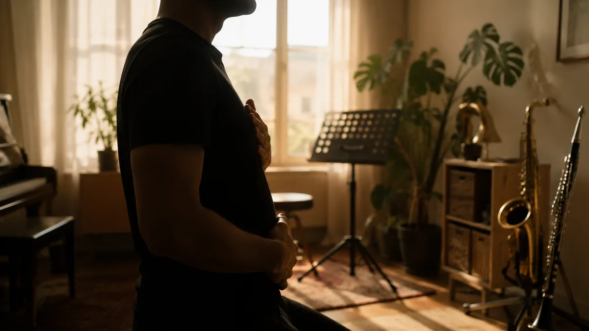 Silhouet van een muzikant die een ademhalingsoefening doet met de hand op de buik