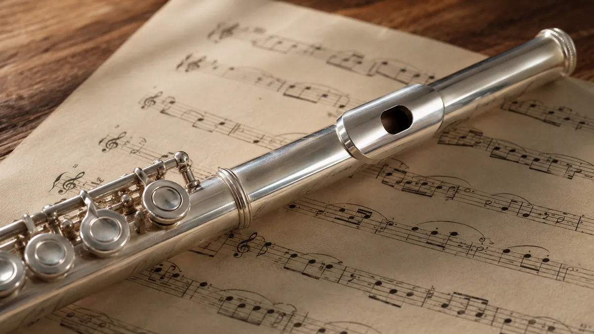 Zilveren dwarsfluit schuin op bladmuziek