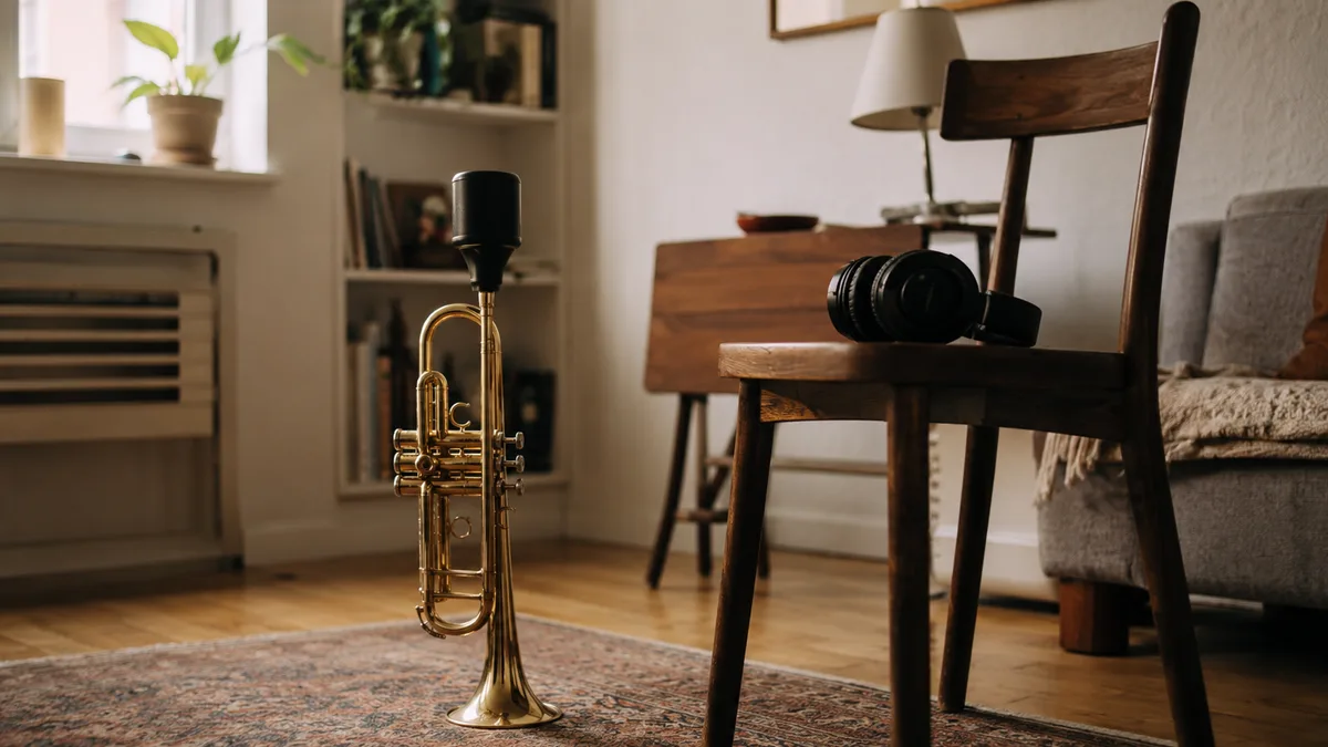 Trompet met oefendemper in een kleine woonkamer, koptelefoon op een stoel