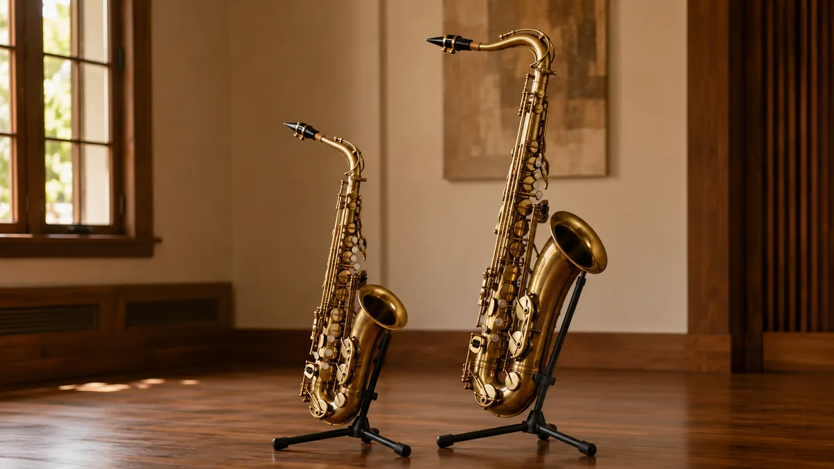 Altsaxofoon en tenorsaxofoon naast elkaar op standaards