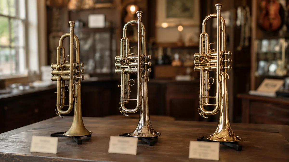 Drie trompetten van verschillende kwaliteit in een muziekwinkel