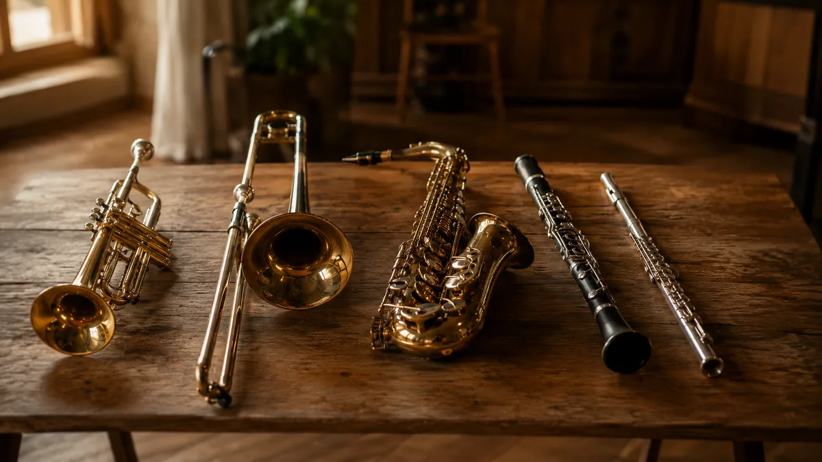 Verschillende blaasinstrumenten naast elkaar op een lange houten tafel